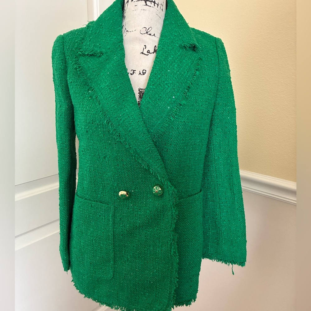 NWOT kate spade Vibrant Green tweed Double-Breasted shamrock Blazer size 6